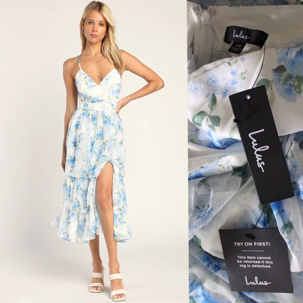 Lulus NWT Cultivate Crushes White Floral Print Tiered Ruffled Midi Dress XSMALL